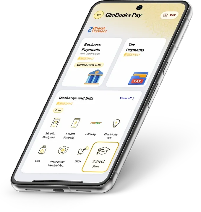 GimBooks Pay app home screen with the School Fee option highlighted