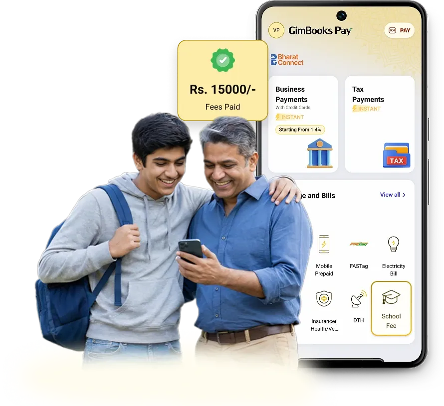 Student and parent paying school fees with GimBooks Pay — Rs. 15000 fees paid
