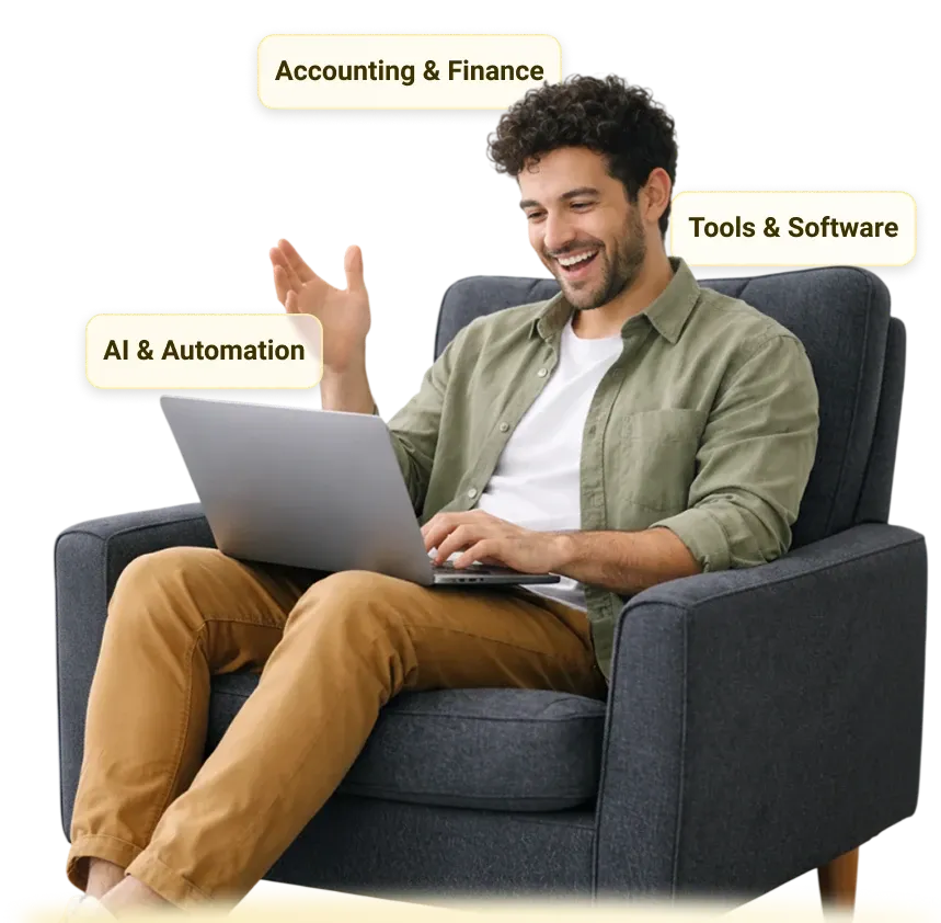 Learner on a laptop exploring Accounting & Finance, Tools & Software and AI & Automation courses